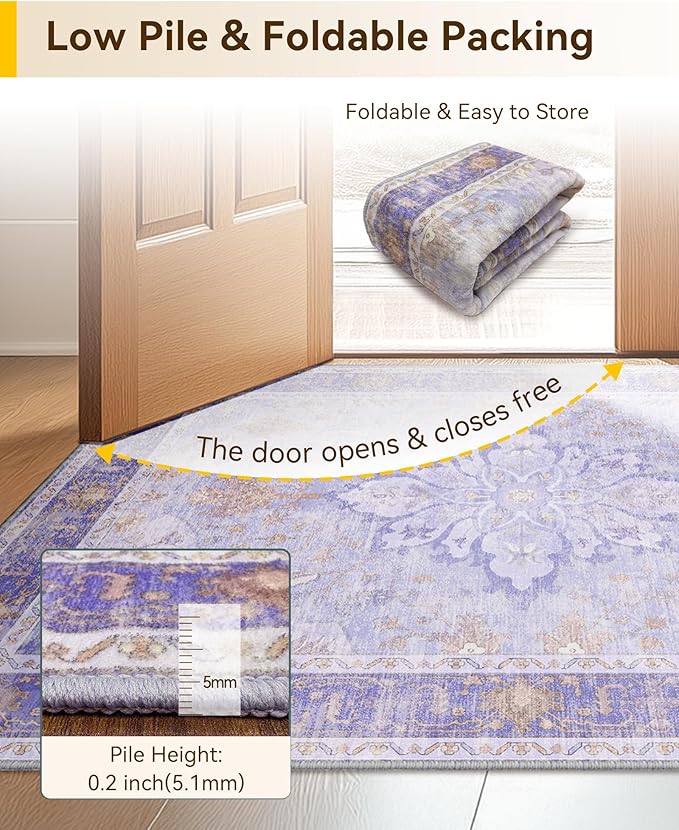 Area Rugs 4ft Washable Non-Slip, Floral Vintage Distress Print Pattern Medallion Carpet for Living Room Bedroom Dining Room, Light Purple Brown