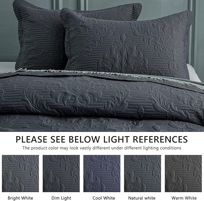 CHIXIN Bedspread Coverlet Quilt Set Full Size - Lightweight Bedding Cover - Ultrasonic Quilting - 5 Piece Reversible Bedspread - Elegant Damask Paisley Pattern (Full, Dark Grey)