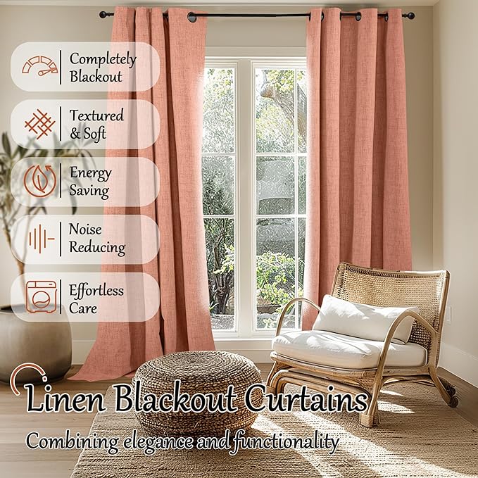 Terracotta Linen Blackout Curtains for Living Room 60 Inch Wide, Boho Farmhouse Curtains 84 Inch Long, Total Black Out Thermal Insulated Boho Window Drapes, Each Set 60x84 Inch 2 Panels