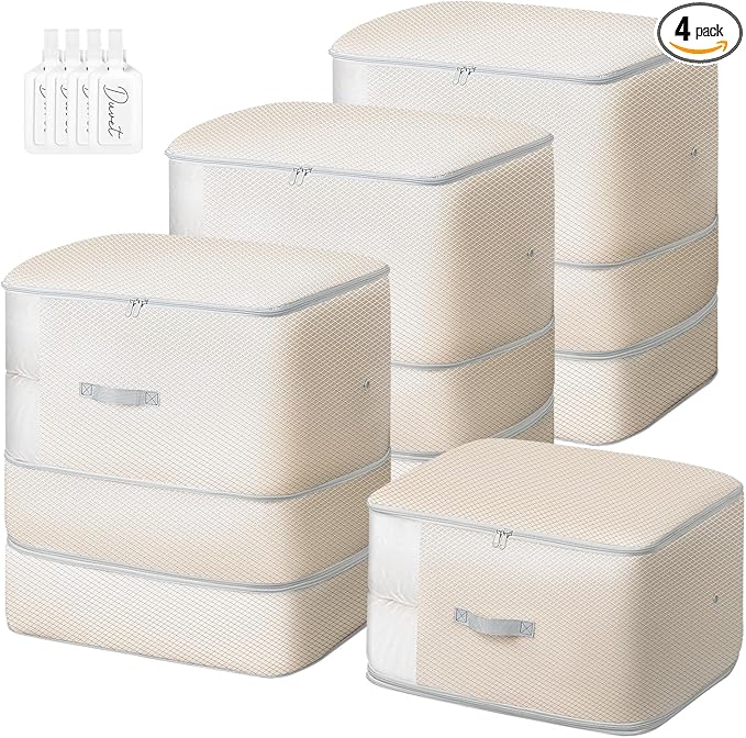 Comforter Storage Bag - 130L Large Capacity Blanket Storage Bags 3-Layer Ultra Space Saving Self Compression Organizer, Washable Compression Bags for Storage Comforter Blanket, 4-Pack, Beige