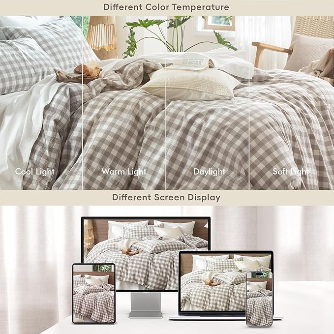 MooMee Gingham Duvet Cover Set 100% Washed Cotton Linen Like Textured Breathable Durable Soft Comfy Modern Checkered Design (Buffalo Plaid Tannish Linen Grey, Full 80"x90")