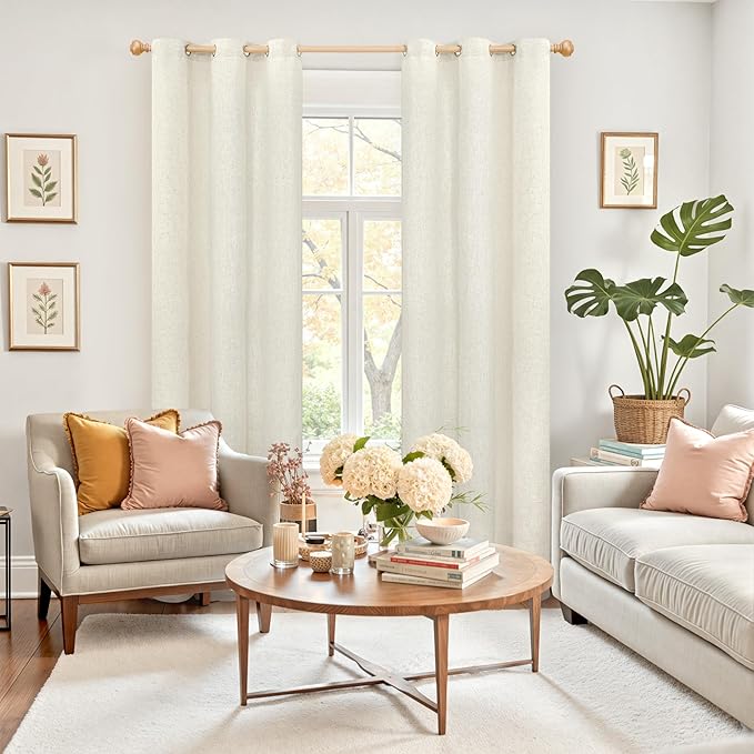 YoungsTex 84 Inches Length Linen Curtains for Living Room 2 Panels, Cream Semi Sheer Drapes with Grommet Light Filtering Window Treatments for Dining Bedroom, 42 X 84 Inch