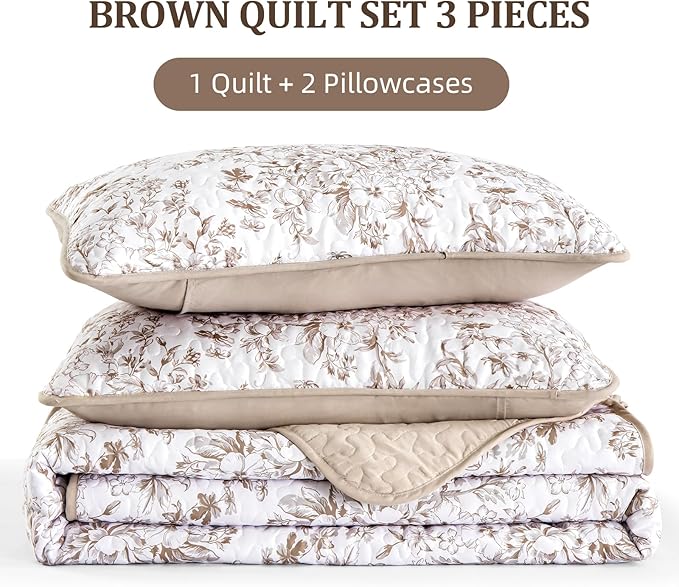 WONGS BEDDING Queen Size Quilt Set, Brown Quilt Bedding Set with 2 Pillowcases, Botanical Quilt for Queen Bed, Soft Microfiber Lightweight Coverlet Bedspread for All Season (96"×90", 3 Pieces)