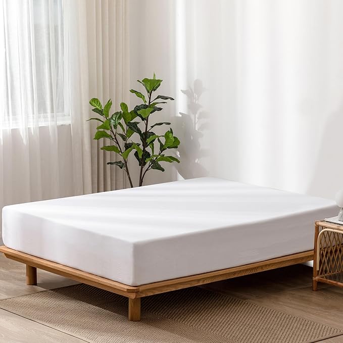 MooMee Fitted Bottom Sheet Only 100% Washed Cotton Linen Like Textured Breathable Durable Soft Comfy Deep Pocket Fits Mattress up to 17" (Bright White, Queen)