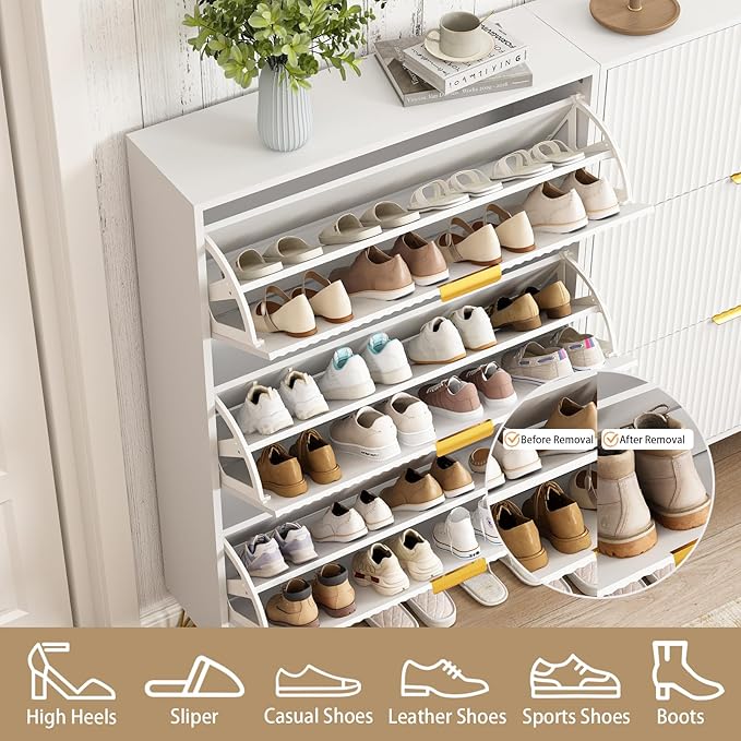 Slim Shoe Cabinet with 3 Flip Drawers, Fluted Shoe Cabinet Storage for Entryway, Narrow Shoe Storage Cabinet, Modern Freestanding Shoe Rack Organizer for Entryway, White