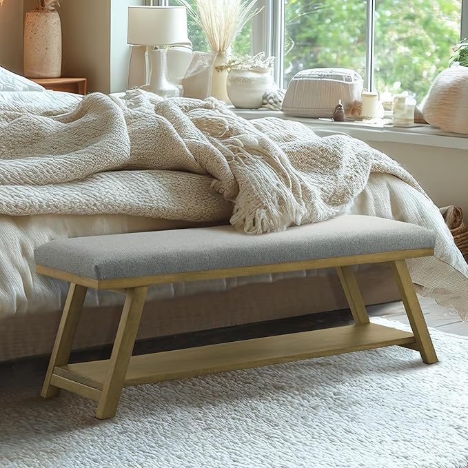 45" Entryway Bench Upholstered Storage Bench for Bedroom Shoe Rack Bench for Living Room, Hallway, Mudroom, Balcony, Sturdy Indoor Bench Seat Holds Up to 300 lbs (Grey)