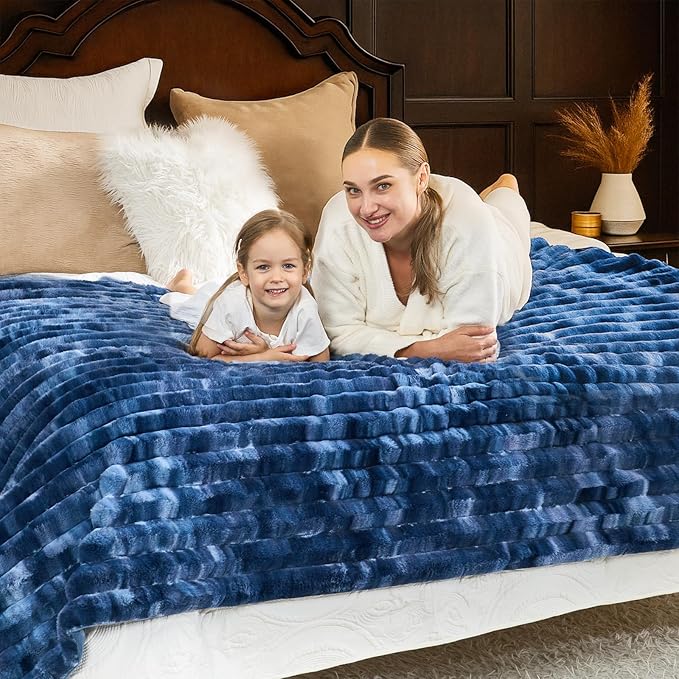 Cozy Bliss Faux Fur Throw Blanket for Couch, Cozy Warm Plush Striped Blanket for Sofa Bedroom Living Room, 108 * 90 Inches Tie-dye Blue