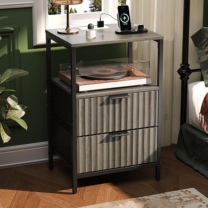VINGLI Grey Night Stand with Charging Station, Fluted Nightstand Gray with Drawers Fabric, Grey Bedside Table/End Table for Bedroom, 14.96" W*11.81" D*23.78" H