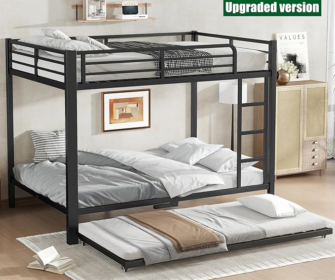 LUXIEE Upgraded & Stronger Heavy Duty Steel Full Over Full Bunk Bed Frame, More Stable Safer Thickened Metal Bunkbeds with Twin Size Trundle (Full)