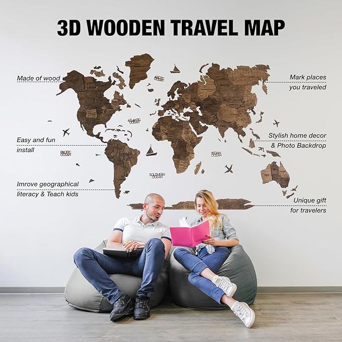Handmade 3D Wood World Map Wall Art Large Wall Decor Track Your World Travels - Special for Home, Kitchen and Office (X-Large, Walnut)