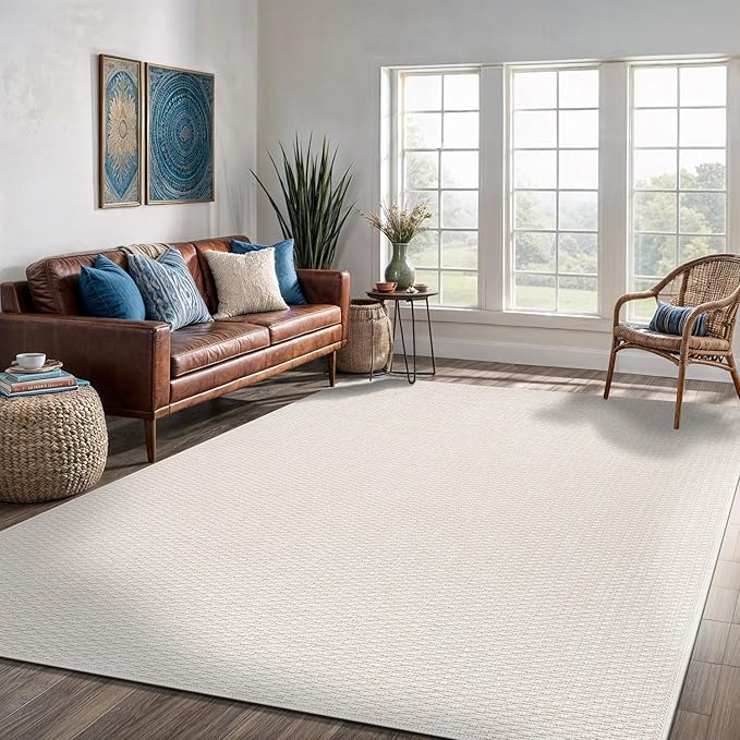 Easy Jute Rug 6x9 Indoor Outdoor Natural Rugs Solid Fiber Rug Woven Area Rug Boho Easy Clean Inside Carpet for Living Room Bedroom Dining Room Hallway or Outdoor Patio Porch (6 X 9 Bone)