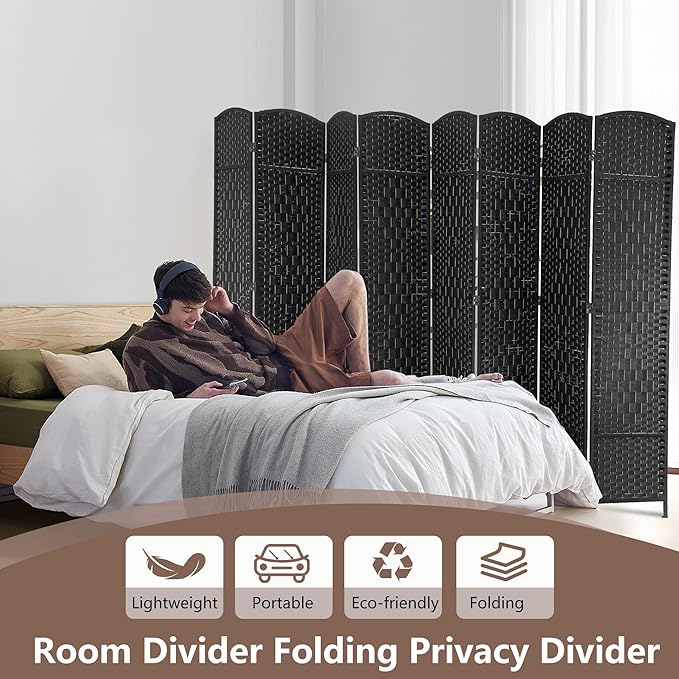 Room Divider 8 Panel Folding Privacy Divider 6 Ft Indoor Wall Divider Portable Partition Wood Screen, Black