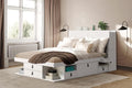 memomad Bali Set: Storage Platform Bed with Drawers + Bookcase Headboard (Queen Size, White Wood)