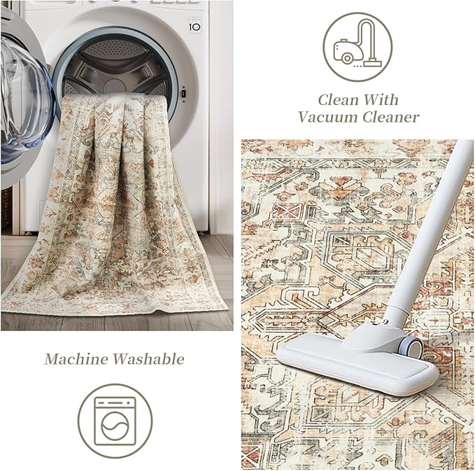 zesthome 8x10 Area Rugs - Stain Resistant Washable Rug for Living Room, Non-Slip Backing Large Area Rug with Ultra-Thin Low Pile for Bedroom, Vintage Home Decor