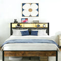 King Size Bed Frame with Storage Headboard & Charging Station, Platform Bedframe with LED Lights, Upholstered Headboard, Metal Slat Support, No Box Spring Needed