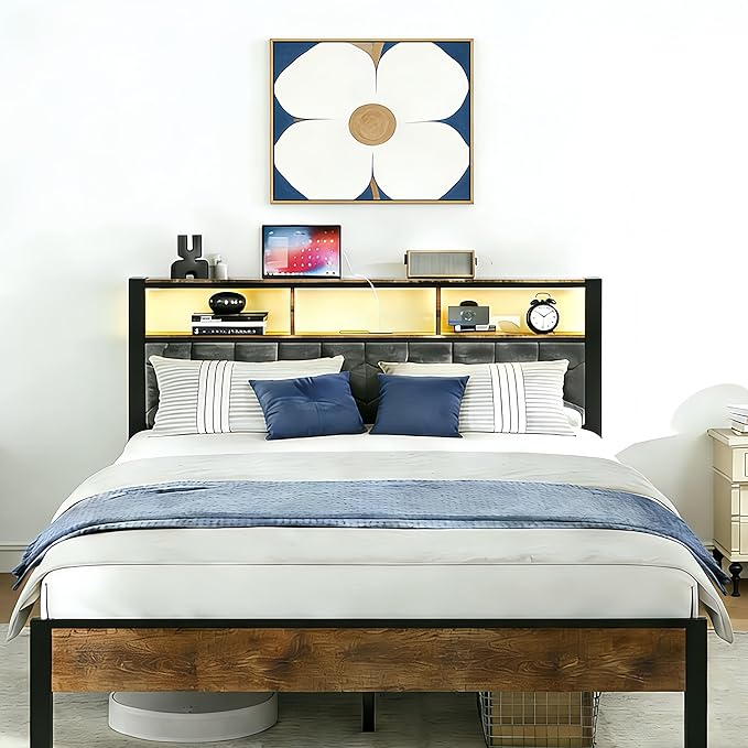 King Size Bed Frame with Storage Headboard & Charging Station, Platform Bedframe with LED Lights, Upholstered Headboard, Metal Slat Support, No Box Spring Needed