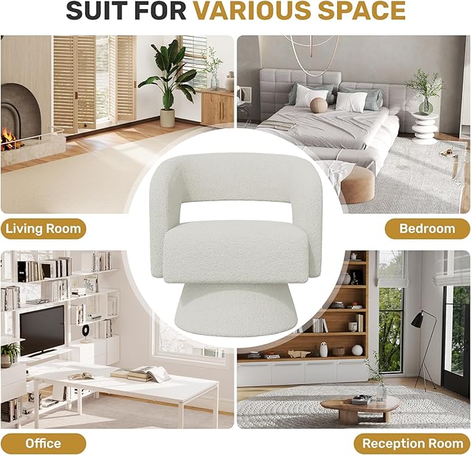 Swivel Accent Chair Set of 2, Modern Comfy Teddy Barrel Chairs, Oversized Upholstered Round Arm Chair for Living Room, Bedroom, Reading Room, White