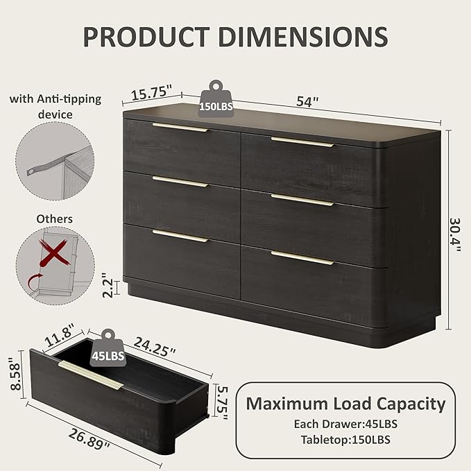 6 Drawer Dresser for Bedroom, 54" Wide Modern Chest of Drawers with Metal Handle, Curved Profile Design, Wooden Black Dresser Closet Clothes Storage TV Stand for Living Room, Hallway