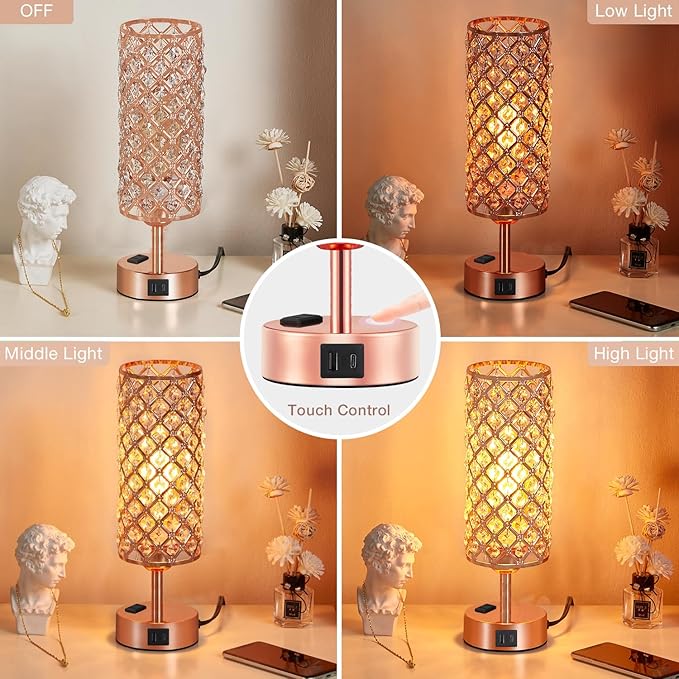 Hong-in Rose Gold Lamp Set of 2, 3-Way Crystal Table Lamp Touch Control with USB-C+A & AC Ports, Dimmable Nightstand Desk Light, Pink Bedside Table Lamp for Bedroom(Bulb Included & Set of 2)