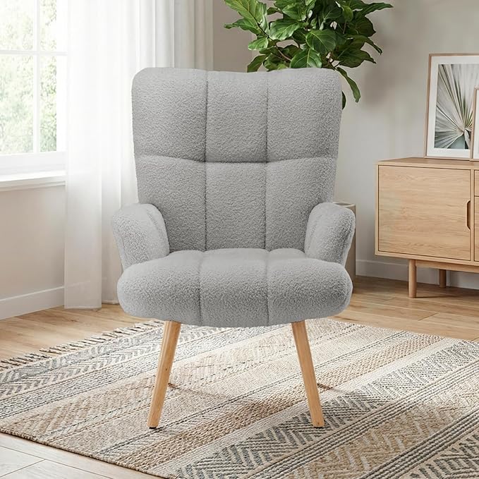 Joysoul Modern Accent Chair, High Back Arm Chair with Wood Legs Sofa Seat Teddy Fleece Fabric Reading Chair for Living Room Bedroom Waiting Room (Light Gray)