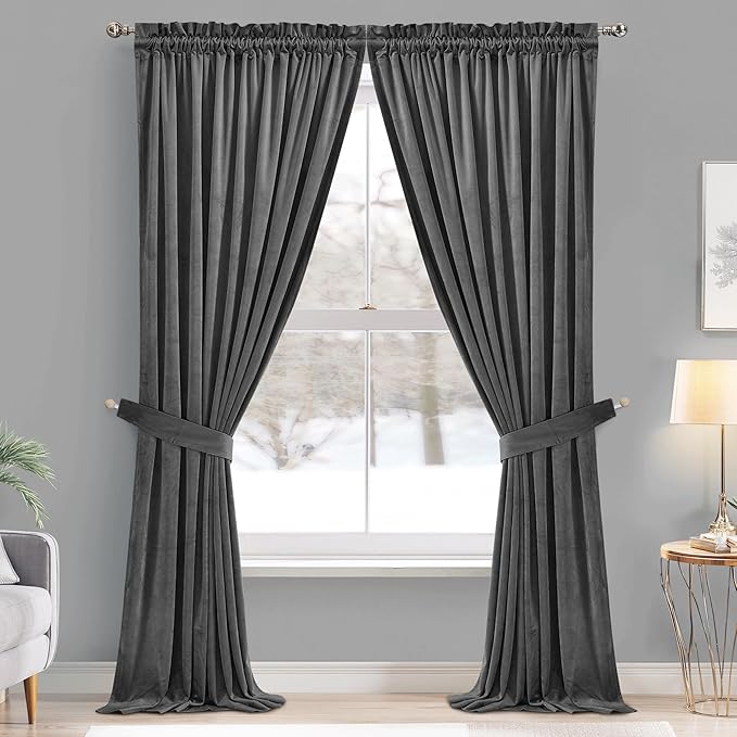 StangH Grey Velvet Curtains 84 inches Long - Soft Thick Velvet Blackout Window Drapes Thermal Insulated Window Treatment for Bedroom/Living Room/Dorm, W52 x L84 Per Panel, Set of 2