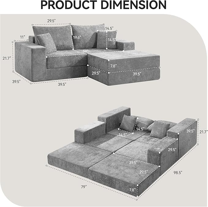 Boneless Sectional Loveseat Couch with Ottoman, Convertible Modular Floor Sleeper Sofa Bed, Comfy Foldable Compression Love Seat Sofa for Living Room, No Assembly, Light Grey