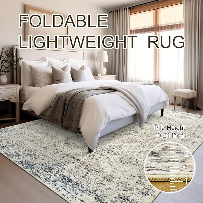 5x7 Area Rugs Blue Ivory Low Pile Indoor Washable Trendy Faded Style Rugs for Bedroom Living Room Dining Room Foldable Non-Slip Thin Print Mat