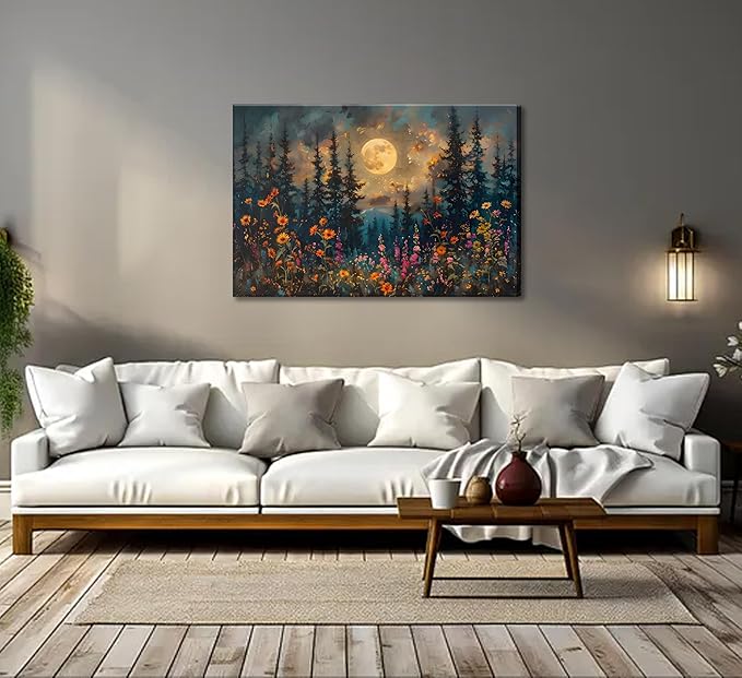 Full Moon Forest Canvas Wall Art Moonlit Pine Tree Mountains and Wildflowers Woodland Nature Landscape Picture Wall Decor Poster Print Artwork for Bedroom Living Room Home Decoration