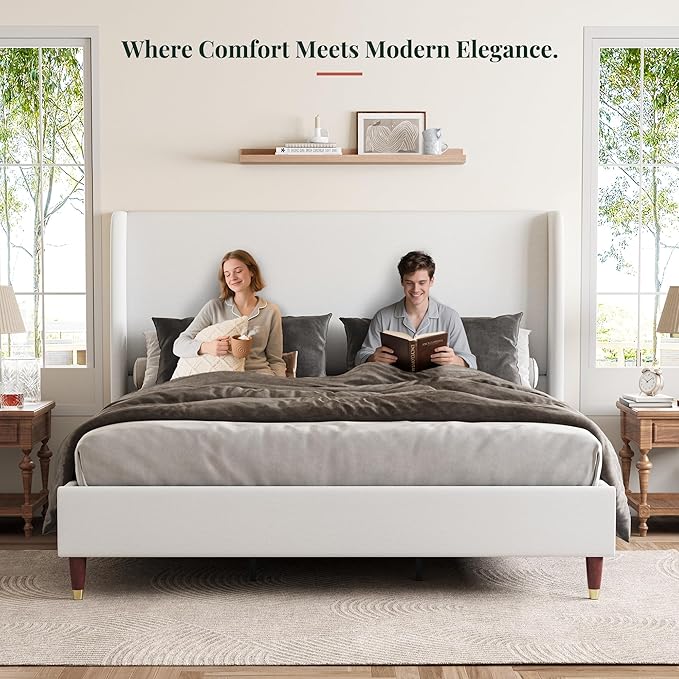 Jocisland Full Upholstered Platform Bed Frame with 51.2" Tall Wingback Headboard–Solid Wood Legs, No Box Spring Needed, White Linen–Modern Style for Any Bedroom