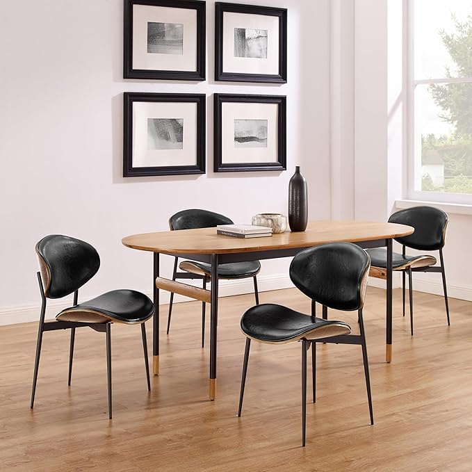 Art Leon Modern Faux Leather Dining Chairs, Set of 2, Mid Century Desk Chair No Wheels, Armless Accent Chair with Black Metal Legs, Black/Walnut