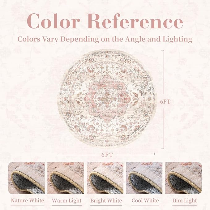 PADOOR 6FT Round Rug,Rugs for Living Room,Soft Pink Circle Rug,Machine Washable Rugs for Bedroom,Non Slip Carpet,Rug for Dining Room Living Room Bedside Office