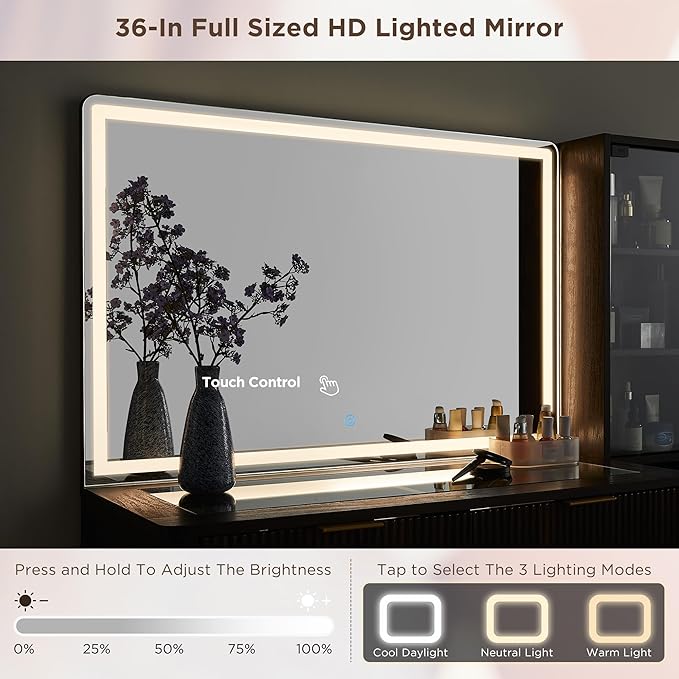 T4TREAM Fluted Makeup Vanity Desk with 36" HD Lighted Mirror, 48" Big Modern Vanity Desk with Mirror and Lights, Dressing Table with 5 Drawers & Shelves, Glass Top for Bedroom, Dark Walnut