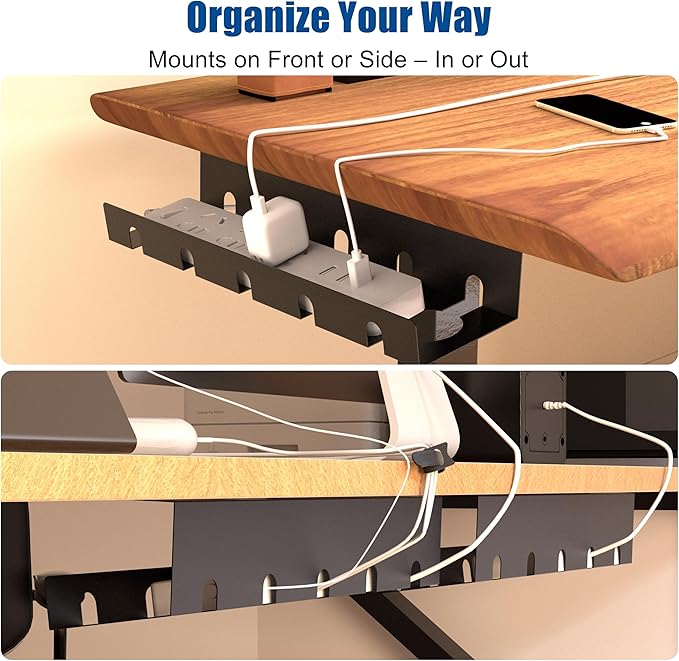 2 Pack 17" Under Desk Cable Management Tray, Metal Wire Management Standing Desk Cord Organizer Power Strip Holder with Cable Ties and Clips for Home Office, Black