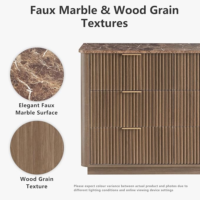 win2win 6 Drawer Dresser, Mid Century Modern Dresser with Storage, 47" Wide Fluted Chest of Drawers with Faux Marble Top, Dressers TV Stand, Drawers Organizer for Bedroom, Living Room, Hallway, Walnut