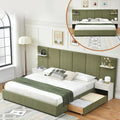 King Bed Frame with Storage & Built-in Nightstands, Velvet Upholstered Platform Bed Frame with Drawers & 2 Floating Storage Shelves, Noise-Free, No Box Spring Needed, Easy Assembly, Green