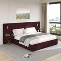DEINPPA Luxury King Bed Frame with Built-in Gold LED Lights and Nightstands, King Size Platform Bed with Oversize Upholstered Headboard, No Box Spring Needed-Burgundy