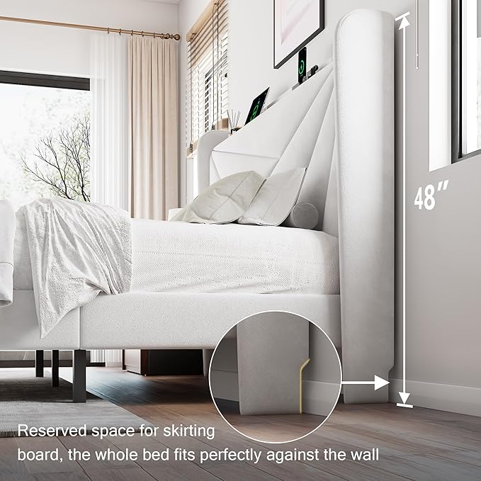 Full Size Upholstered Bed Frame with Charging Station, Platform Bed Frame with Storage Headboard, Solid Wood Slats Support, No Box Spring Needed, White