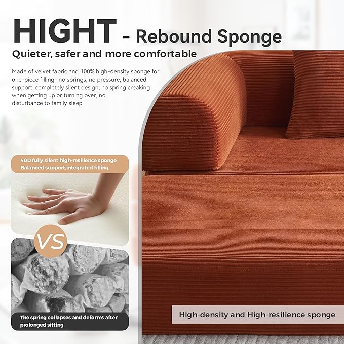 Upgrade High Backrest Design Sofa Bed with Fixed-Shape Frame & Removable Armrests and Backrest, Corduroy Fabric, Convertible Mattress Couch for Small Spaces - No Assembly Needed (High Backrest Orange)