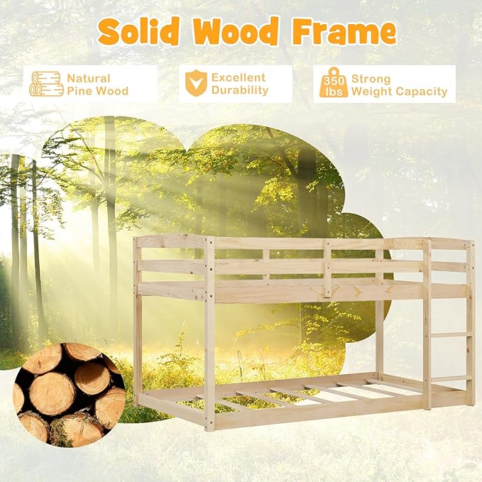 KOMFOTT Low Bunk Bed Twin Over Twin, Solid Wood Twin Bed Frame with Built-in Ladder & Safety Guardrails, Space-Saving Low Bunk Bed for Kids, Teens, No Box Spring Needed
