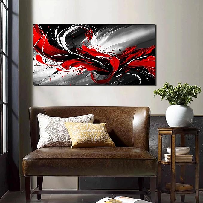 Black White and Red Abstract Print Picture Painting Large Canvas Wall Art for Living Room Bedroom Framed Canvas Wall Decor Modern Room Abstract Wall Decorations Artwork Size 20x40 Ready to Hang