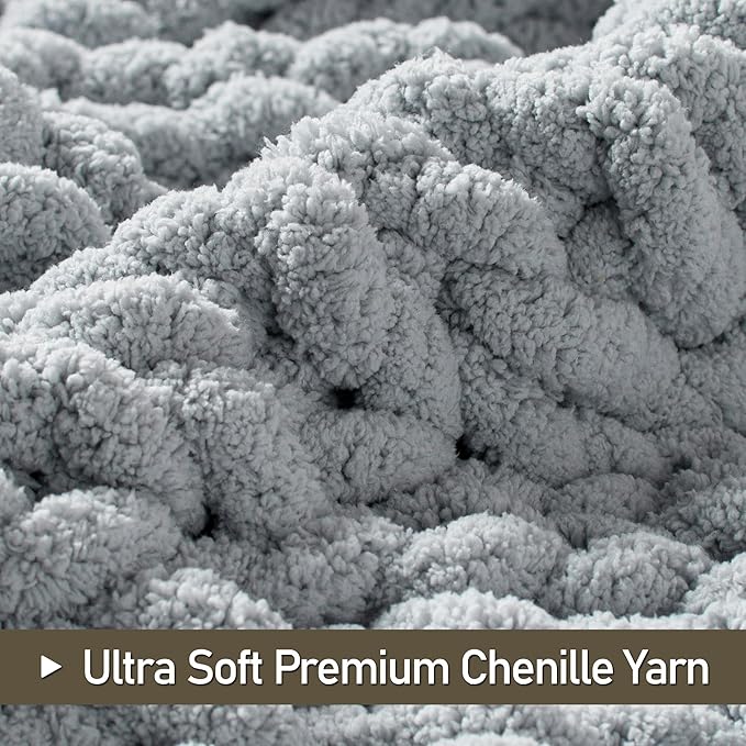 Chunky Knit Throw Blanket 50"X 60", 100% Handmade with Soft Chenille Yarn, 4.4lbs Thick Cable Knitted Blankets, Large Rope Knot Crochet Throws for Couch Sofa Bed Home Decor, Light Grey