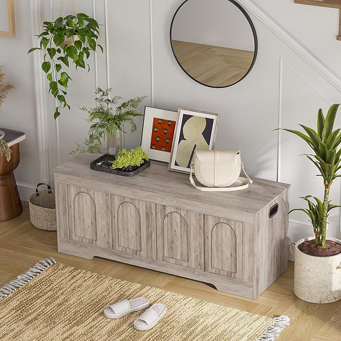 DINZI LVJ Storage Chest, 47.2" Rattan-Like Toy Box with 2 Safety Hinges, Wooden Entryway Storage Bench with Flip-Top, Large Trunk for Living Room, Bedroom, Easy Assembly, Greige