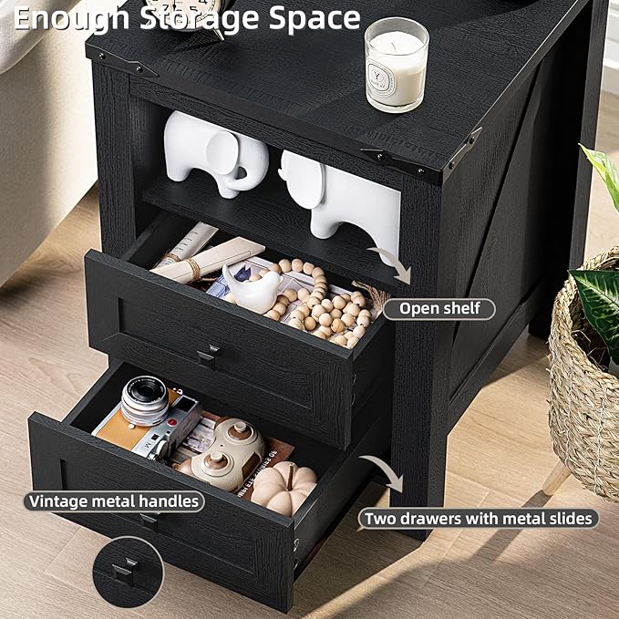 Joaxswe Nightstand with Charging Station, Farmhouse Night Stand with 2 Drawers and Shelf Storage, Wooden Side End Table, Bedside Cabinet for Bedroom, Living Room, Closet, Office (Black)
