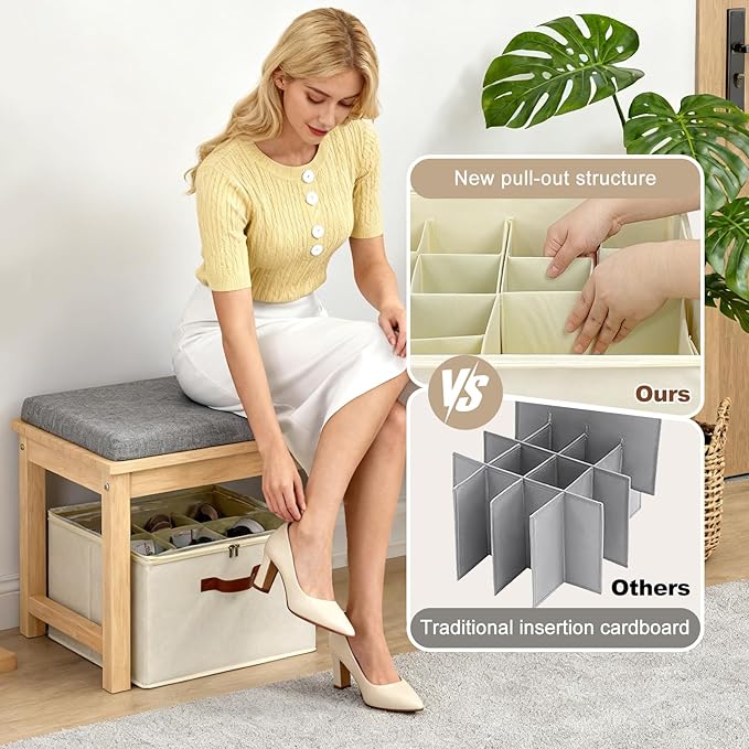 Shoe Organizer for Closet, Foldable Shoe Storage Box with Clear Top Lid, 3 Leather Handles, Adjustable Dividers, Fits 8-16 Pairs, Stackable Shoe Bin for Bedroom (Beige, 2 PCS/16.9*11.8*1.57 inch)