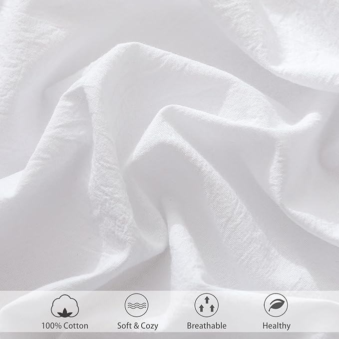 MooMee Fitted Bottom Sheet Only 100% Washed Cotton Linen Like Textured Breathable Durable Soft Comfy Deep Pocket Fits Mattress up to 17" (Bright White, Queen)