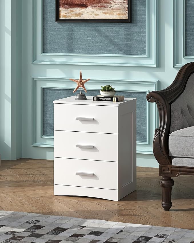 WLIVE White Night Stand with 3 Drawers, Small Nightstand with Storage, Wooden Bedside Table Modern End Table for Bedroom, Living Room, Office, 12.9" D x 16" W x 21.6" H