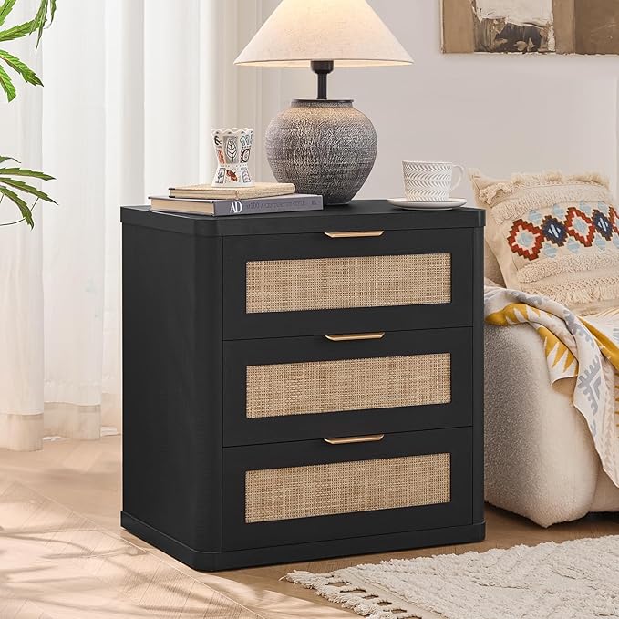 LEYAOYAO Rattan Night Stand with Drawers, 23" Large 3 Drawer Boho Nightstand, Black Bedside Table Storage Cabinet, Bed Side End Tables Dresser for Bedroom, Living Room, Hallway, Closet