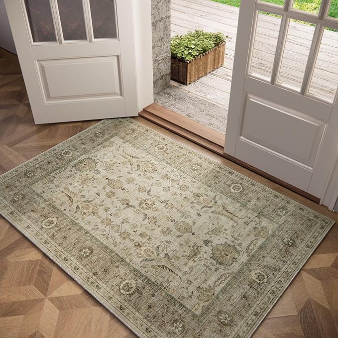 Washable 3x5 Entryway Rug, Boho Non-Slip Vintage Distress Small Rugs for Kitchen Nursery Office Bedroom, 0.3" Neutral Oriental Throw Thin Carpet with Cushioning Pad, Flaxen/Brown/Multi