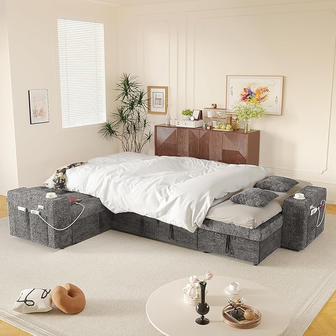 Modular Sectional Sleeper Sofa with Pull Out Bed, U Shaped 7 Seat Sectional Couches for Living Room, 108 Inch Sofa Bed with Adjustable Backrest | Hidden Storage | Wide Armrest | Grey