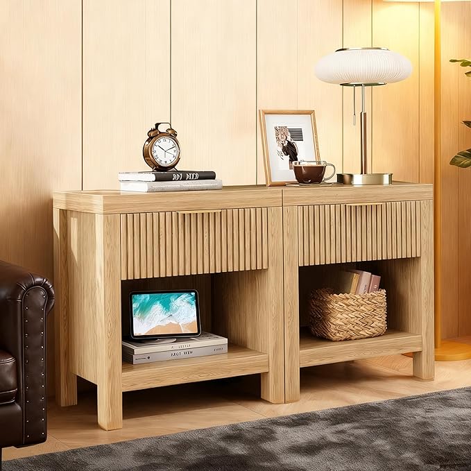 Nightstand Set of 2, End Table with 2 Drawers, Modern Bed Side Table with Storage, Farmhouse Fluted Cabinet Bedside Cabinet for Bedroom Living Room Sofa Couch Office Natural Oak